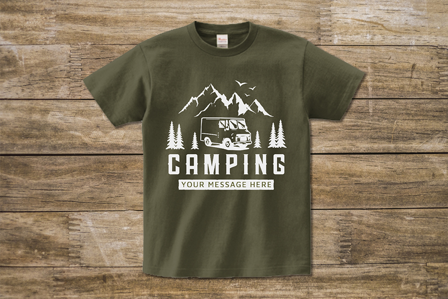 キャンピングカーと山のイラストがおしゃれなTシャツをオリジナルでプリント　アウトドア・レジャーのテンプレート