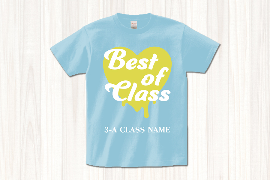 イエローのハートにメッセージを入れられるクラTをオリジナルでプリント クラスTシャツのテンプレート