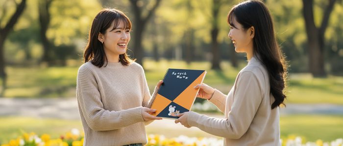 公園でオリジナルスケッチブックを友達にあげる女の子