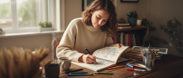 部屋の中でスケッチブックに絵を書く女性