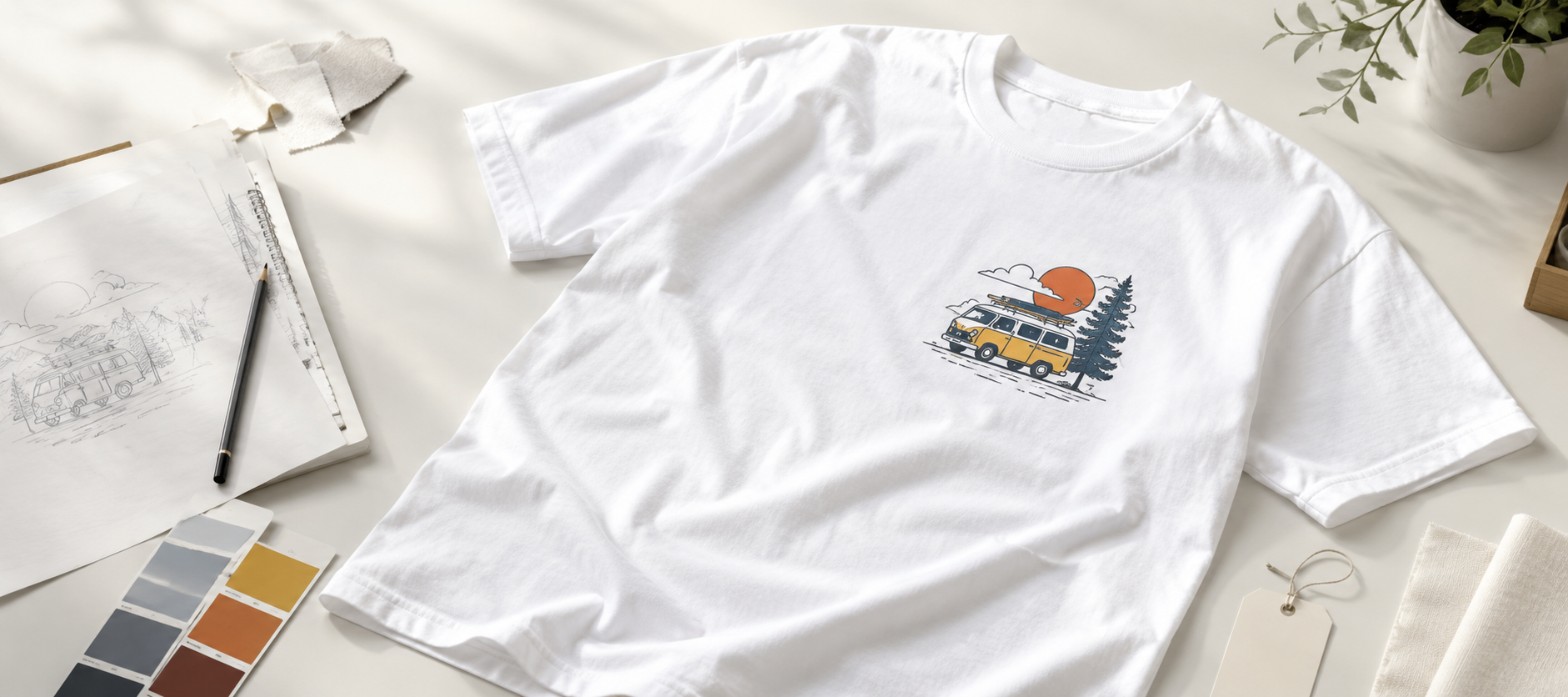 White t-shirt laid flat with a small retro yellow van and surfboard graphic, orange sun and pine trees on the chest area.