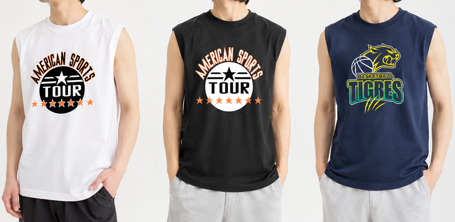Three sleeveless athletic tees on models: white, black, and navy; white and black feature the 'American Sports Tour' circular logo, navy shows a 'Tigres' basketball graphic and bold text.