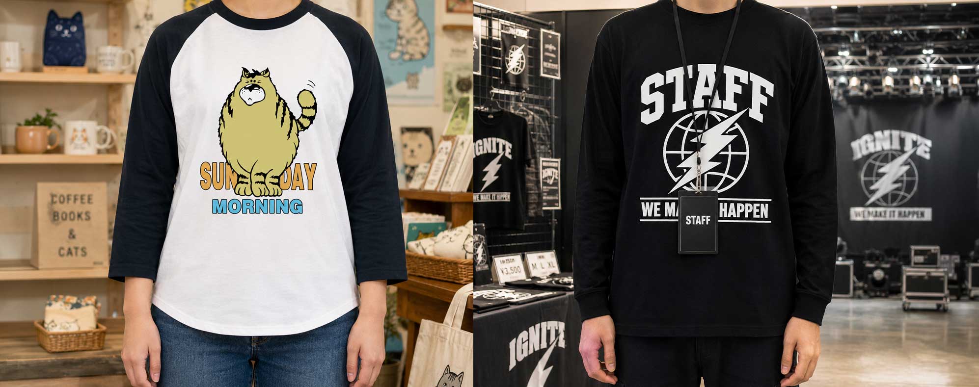 Split image: left person in a white raglan shirt with a yellow cartoon cat and 'Sunday Morning' text in a shop; right person in a black 'STAFF' shirt with globe and lightning bolt logo at a convention.