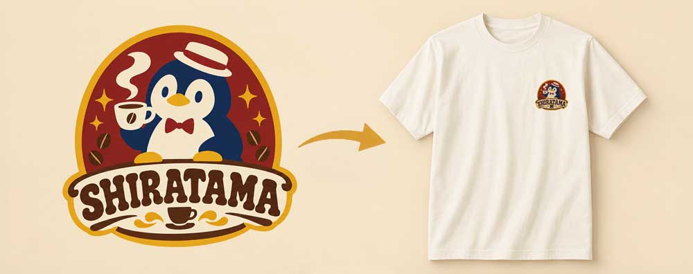Shiratama logo: penguin with a coffee cup and bow tie, shown beside a white T-shirt bearing the same badge on the chest.