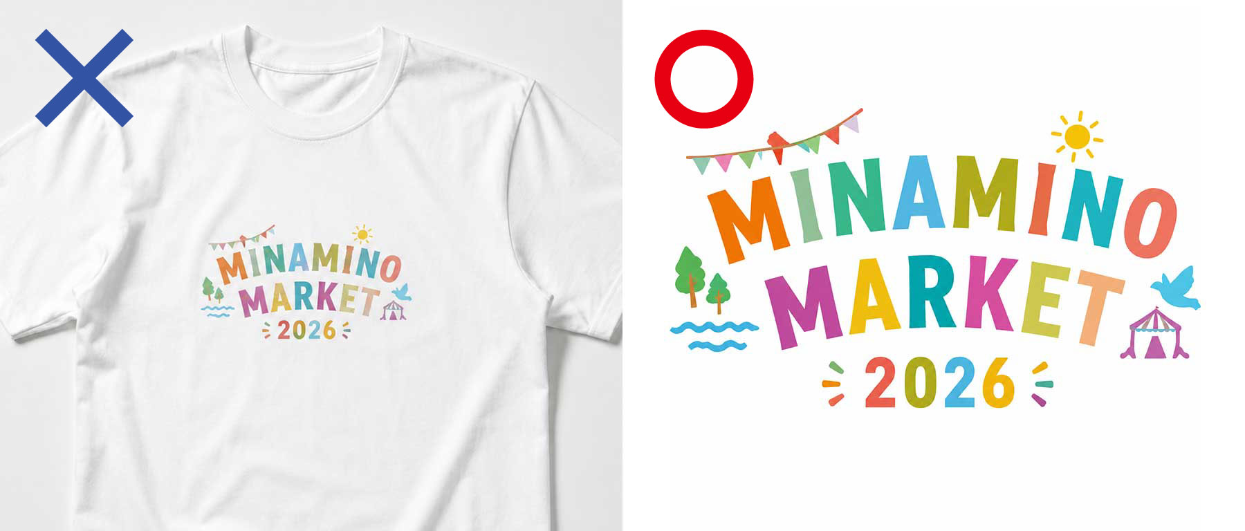 Tシャツの完成イメージからデザインを切り取った例と、プリント用デザインだけを生成した例の比較