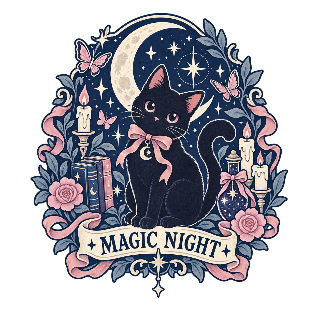 AIで生成したWhimsy Goth風・黒猫の幻想的なエンブレムデザイン例