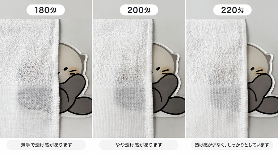 180匁・200匁・220匁の粗品タオルの透け感を実物で比較