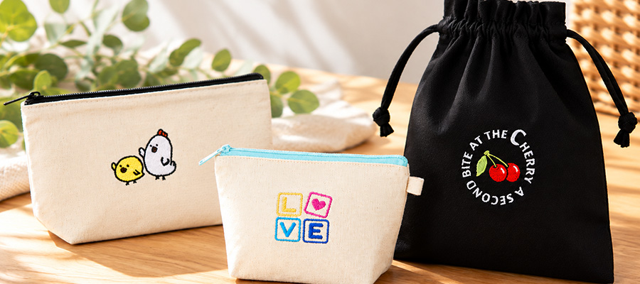 ポーチや巾着に刺繍